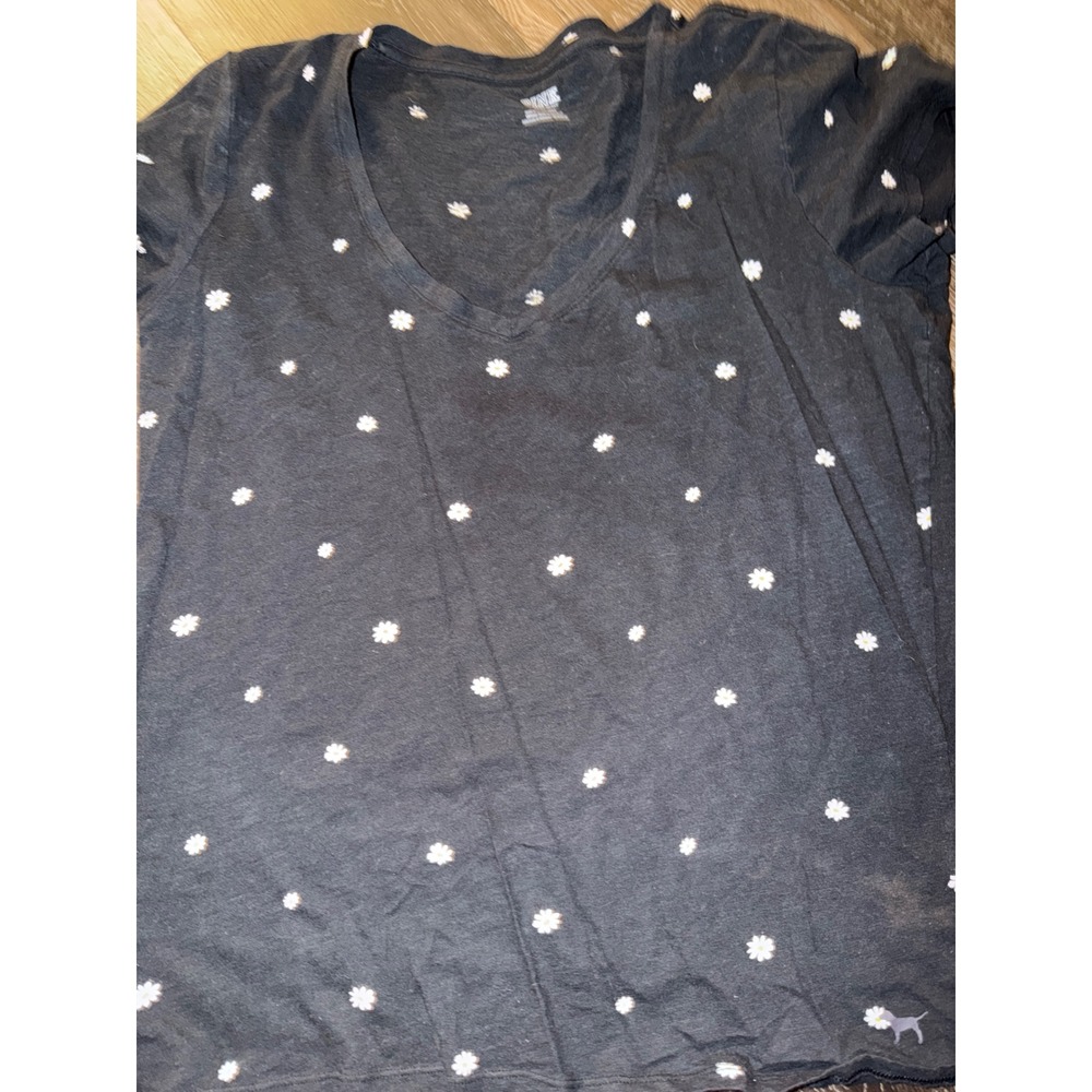 PINK Victoria's Secret Womens Large V-Neck T-Shirt Charcoal Grey Daisy Floral